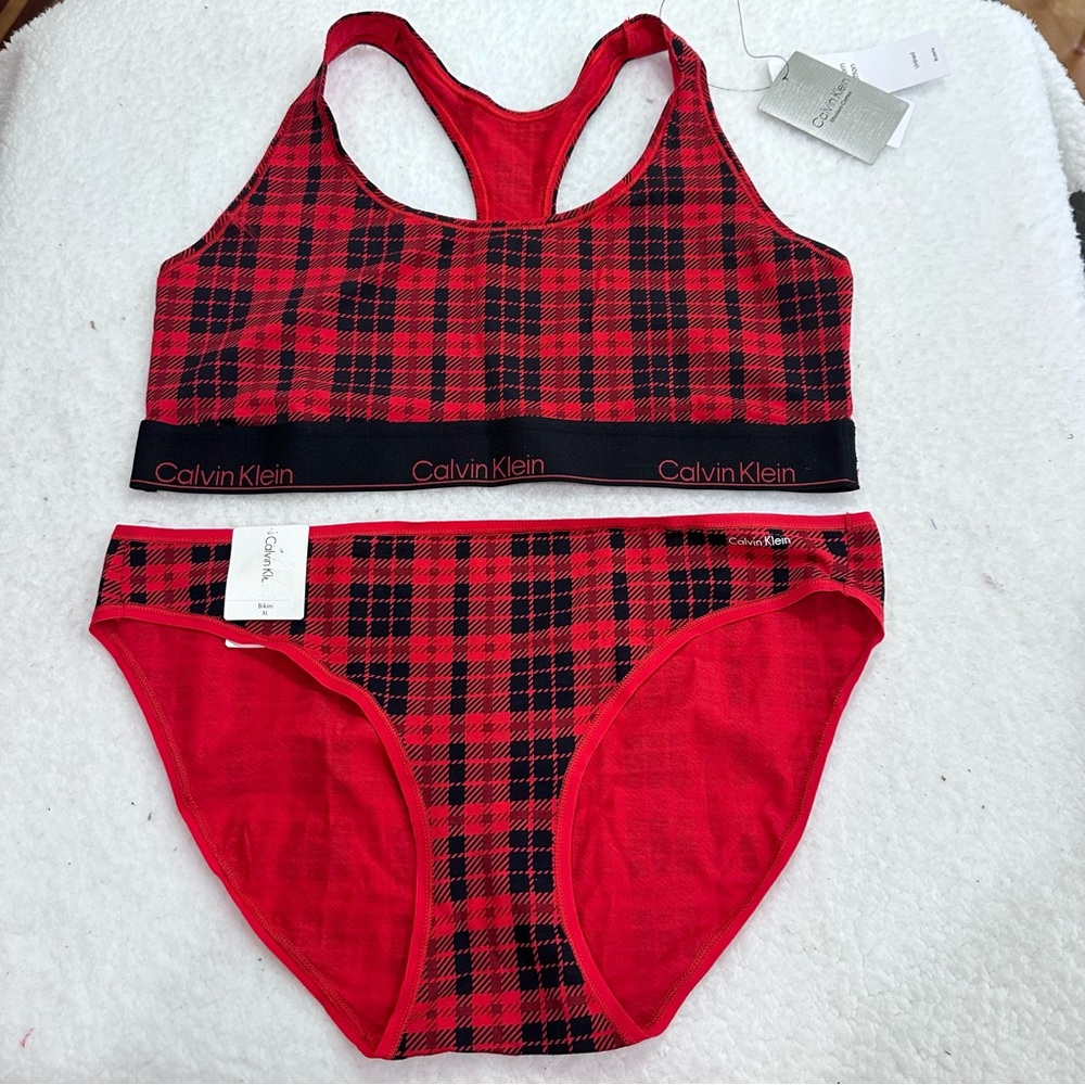 Modern Cotton Calvin Klein Red and Black Plaid Bralette and Panty Set